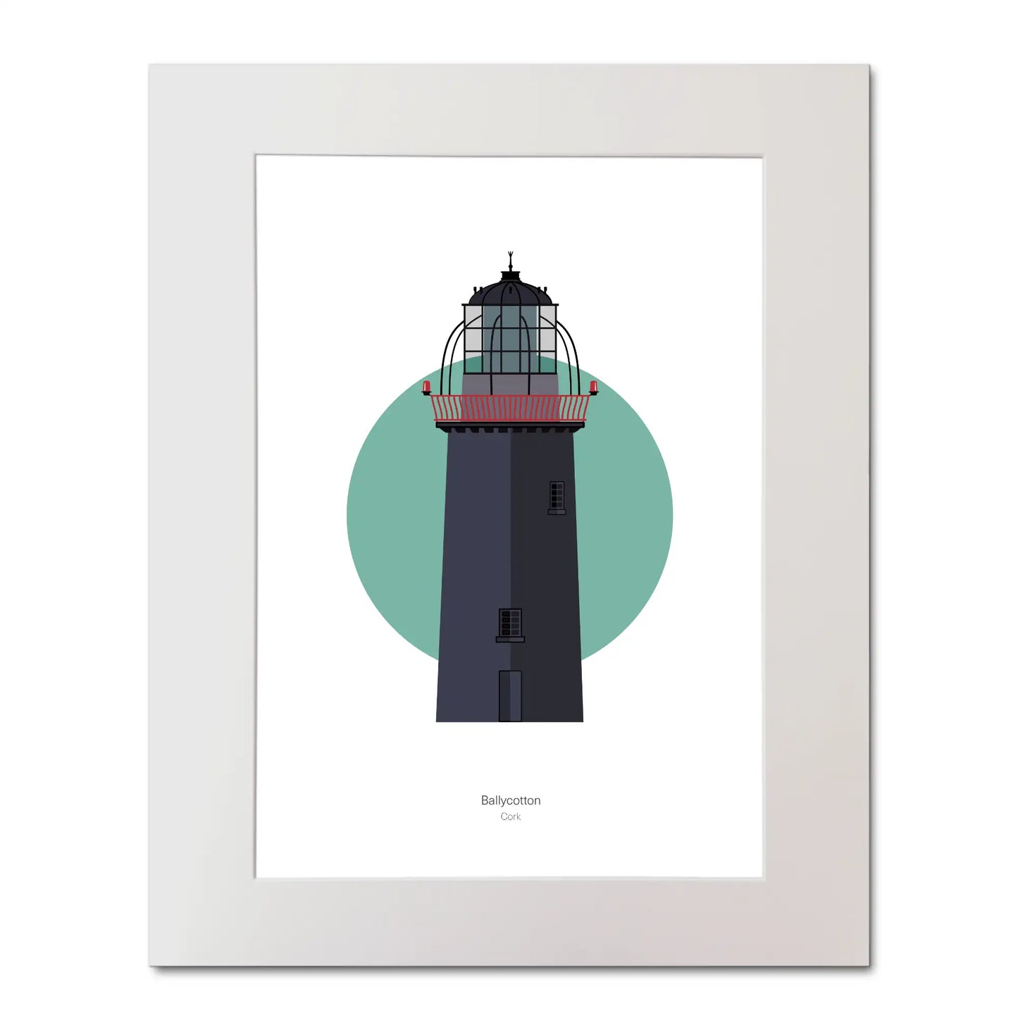 Illustration of Ballycotton lighthouse on a white background inside light blue square, mounted and measuring 40x50cm.