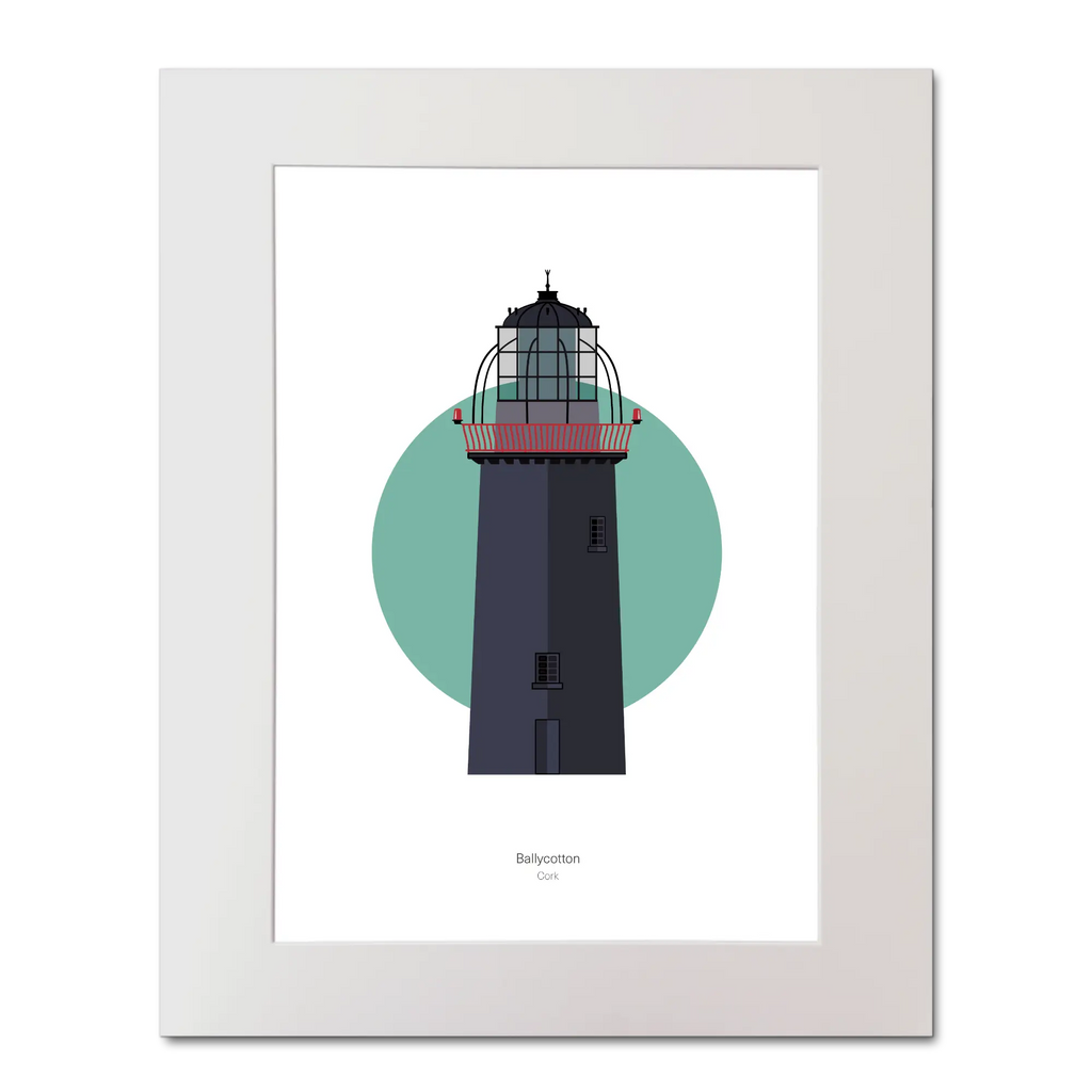 Illustration of Ballycotton lighthouse on a white background inside light blue square, mounted and measuring 40x50cm.