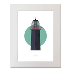 Illustration of Ballycotton lighthouse on a white background inside light blue square, mounted and measuring 40x50cm.