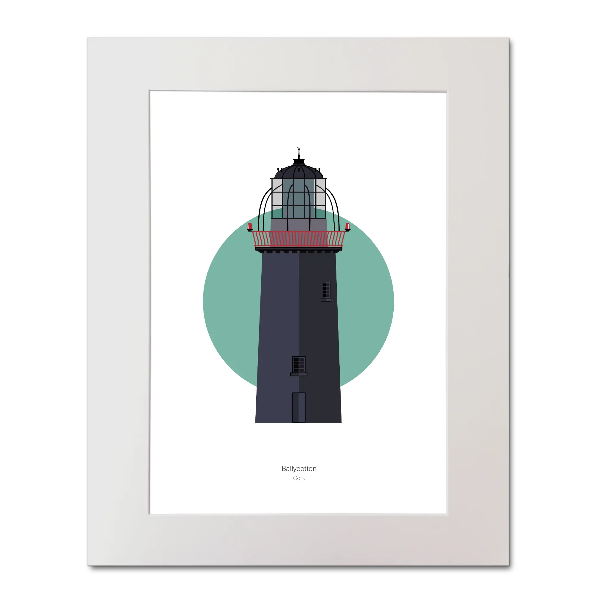 Illustration of Ballycotton lighthouse on a white background inside light blue square, mounted and measuring 40x50cm.