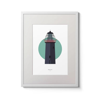 Illustration of Ballycotton lighthouse on a white background inside light blue square,  in a white frame measuring 30x40cm.