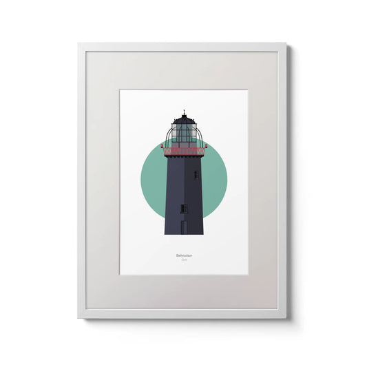 Illustration of Ballycotton lighthouse on a white background inside light blue square,  in a white frame measuring 30x40cm.