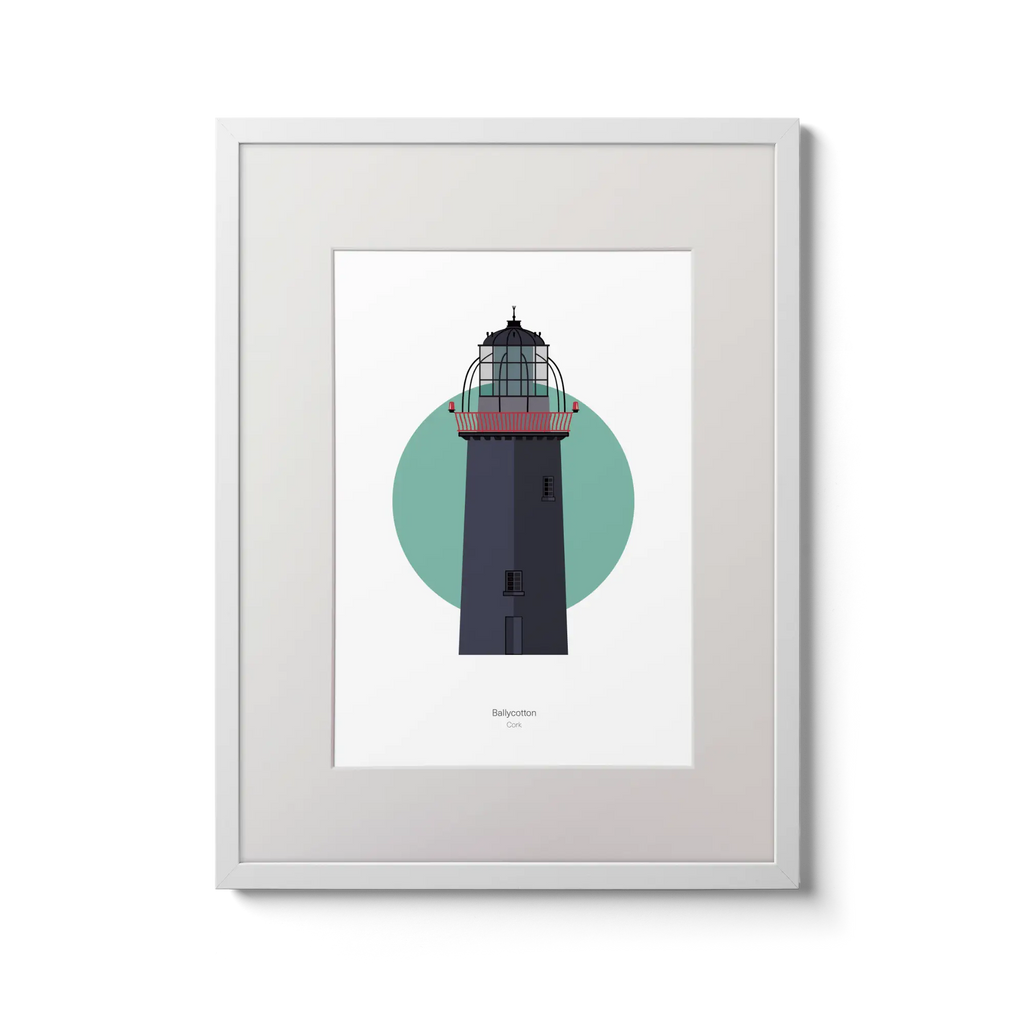 Illustration of Ballycotton lighthouse on a white background inside light blue square,  in a white frame measuring 30x40cm.