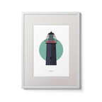Illustration of Ballycotton lighthouse on a white background inside light blue square,  in a white frame measuring 30x40cm.
