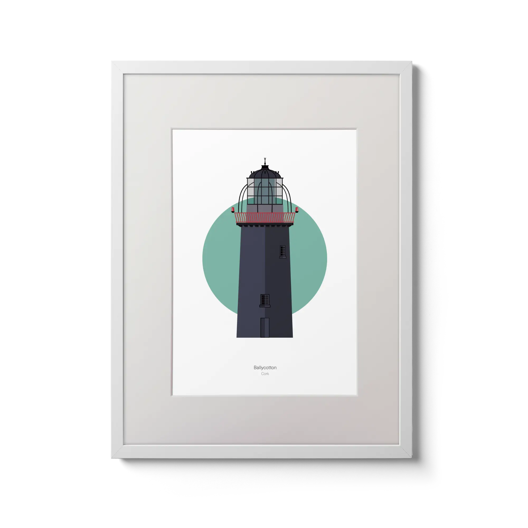 Illustration of Ballycotton lighthouse on a white background inside light blue square,  in a white frame measuring 30x40cm.