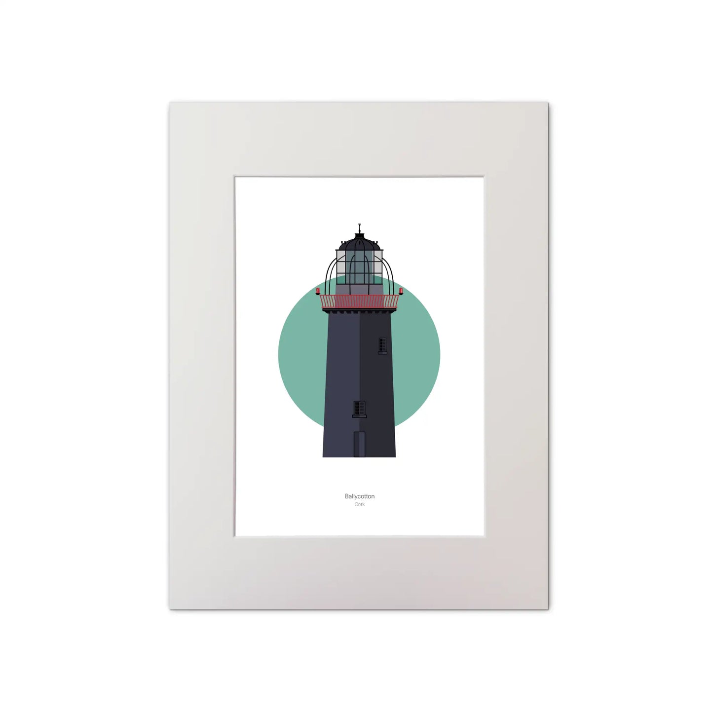 Illustration of Ballycotton lighthouse on a white background inside light blue square, mounted and measuring 15x20cm.