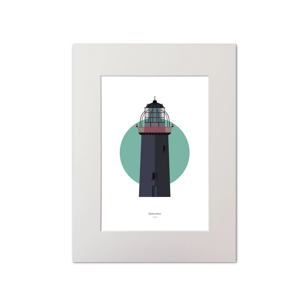 Illustration of Ballycotton lighthouse on a white background inside light blue square, mounted and measuring 15x20cm.