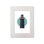 Illustration of Ballycotton lighthouse on a white background inside light blue square, mounted and measuring 15x20cm.