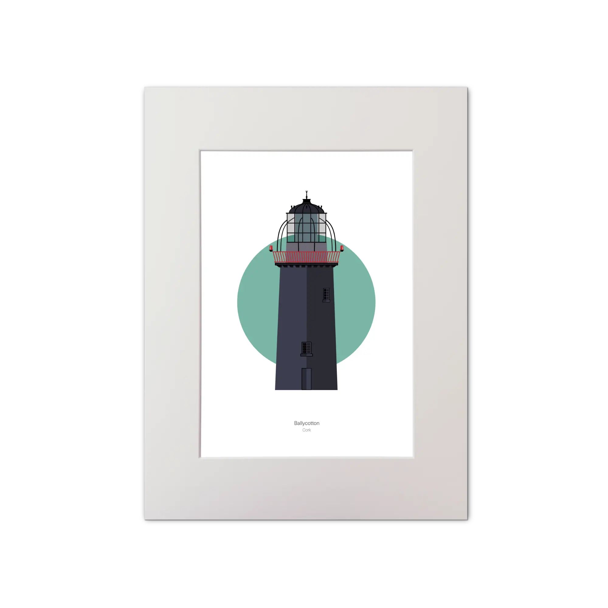 Illustration of Ballycotton lighthouse on a white background inside light blue square, mounted and measuring 15x20cm.