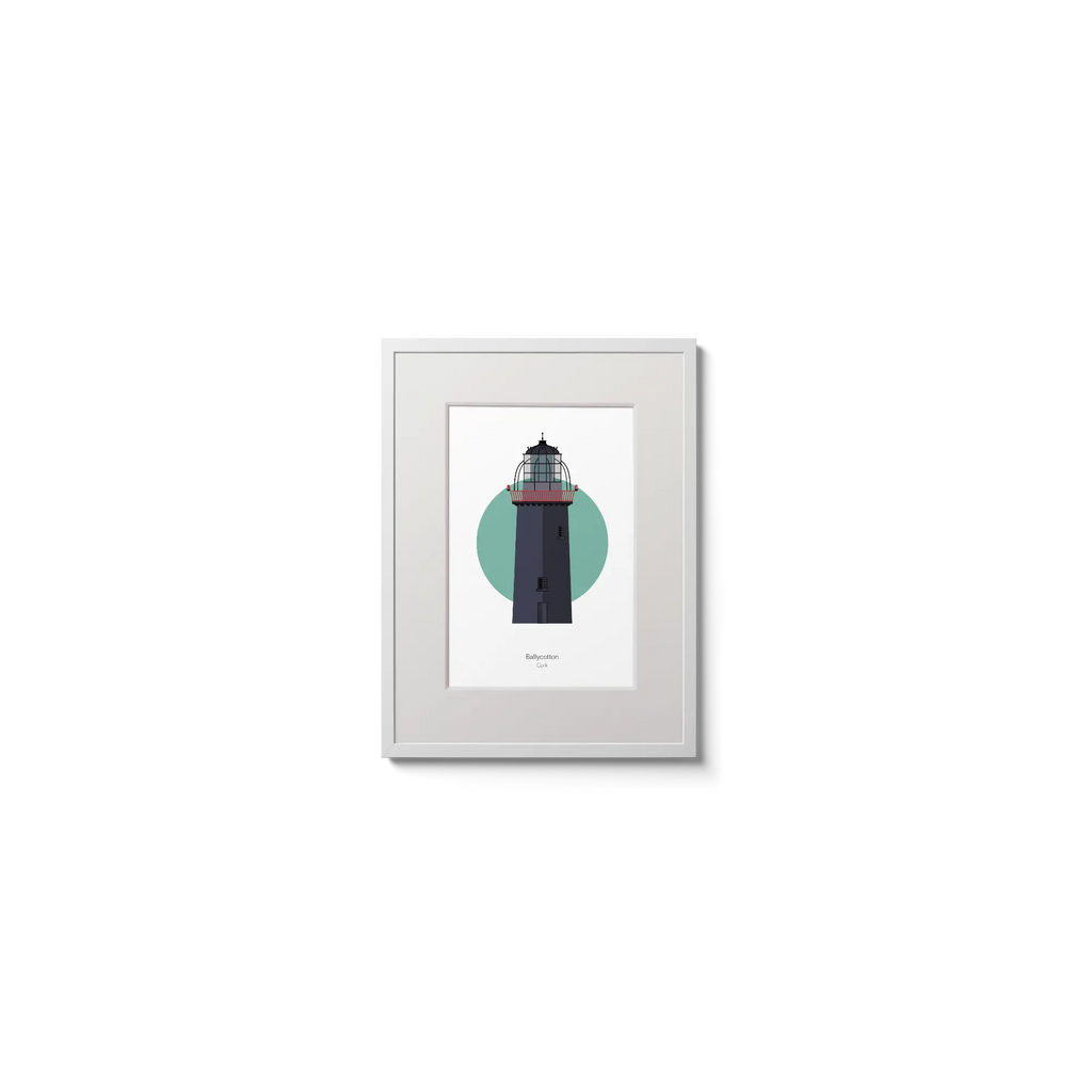 Illustration of Ballycotton lighthouse on a white background inside light blue square,  in a white frame measuring 15x20cm.