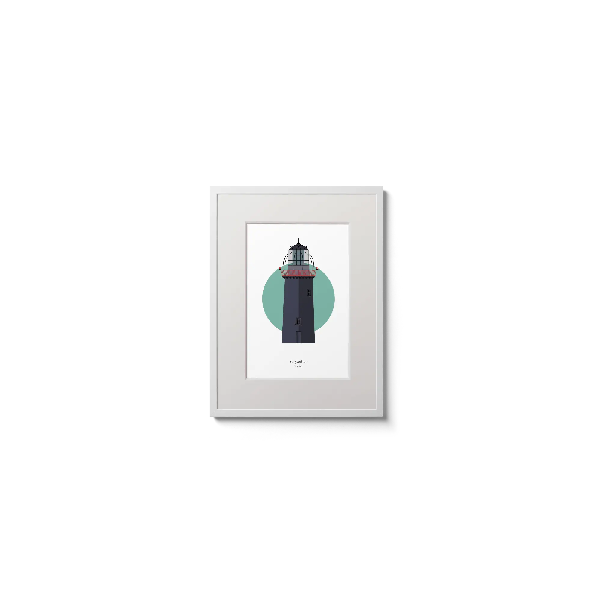 Illustration of Ballycotton lighthouse on a white background inside light blue square,  in a white frame measuring 15x20cm.