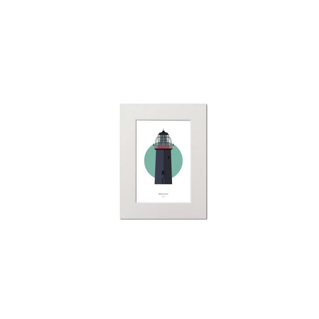 Illustration of Ballycotton lighthouse on a white background inside light blue square, mounted and measuring 30x40cm.