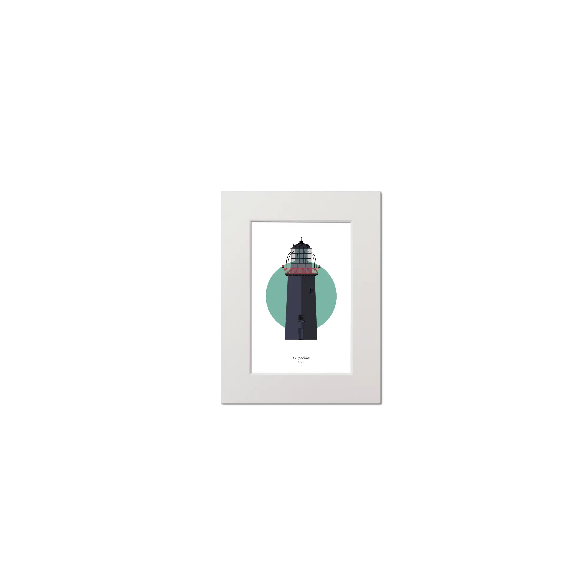 Illustration of Ballycotton lighthouse on a white background inside light blue square, mounted and measuring 30x40cm.