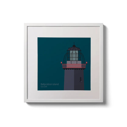 Illustration of Ballycotton lighthouse on a midnight blue background,  in a white square frame measuring 20x20cm.