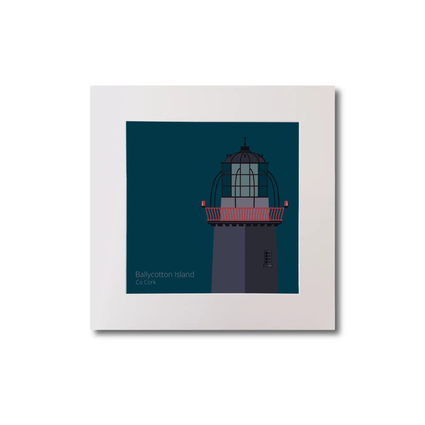 Illustration of Ballycotton lighthouse on a midnight blue background, mounted and measuring 20x20cm.