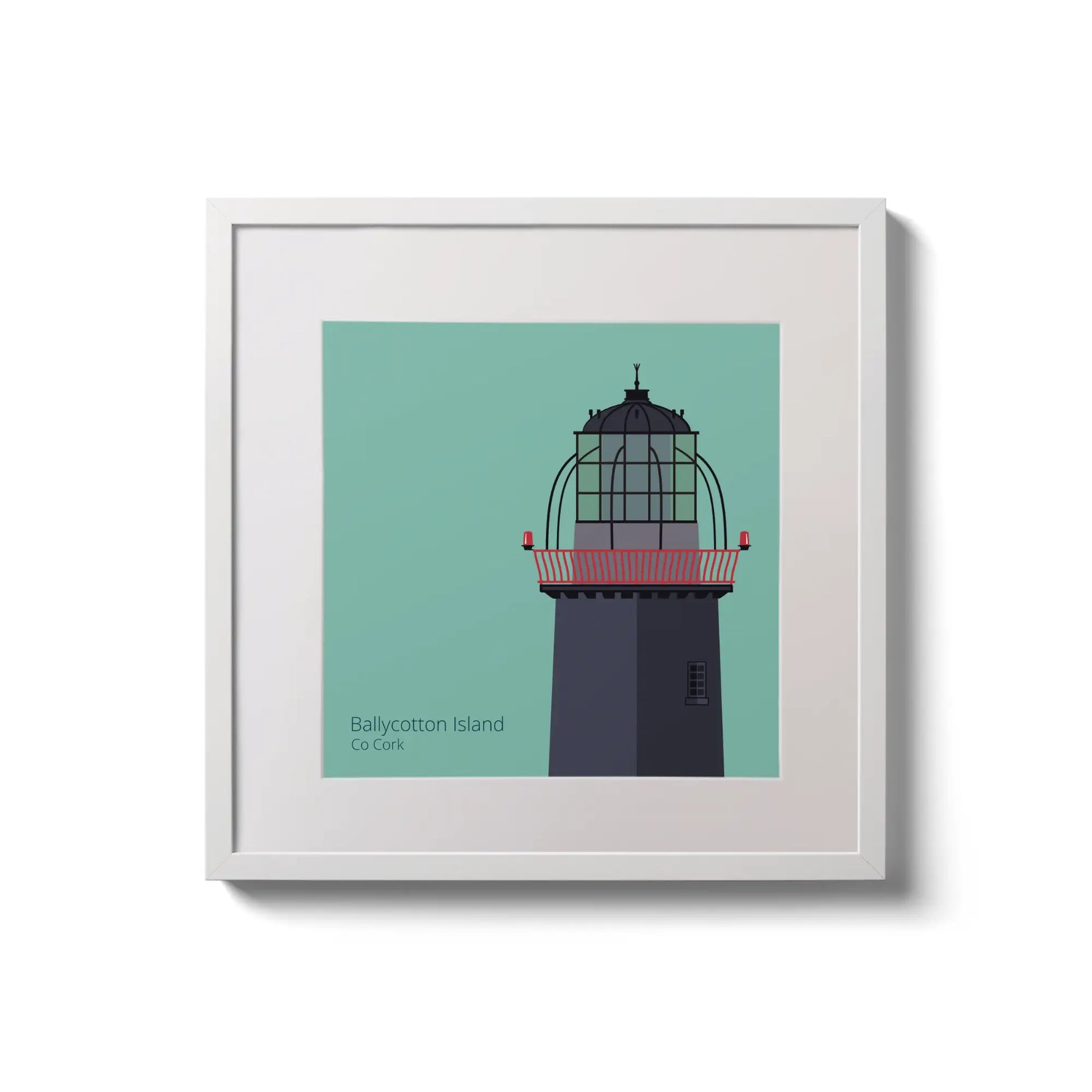 Illustration of Ballycotton lighthouse on an ocean green background,  in a white square frame measuring 20x20cm.