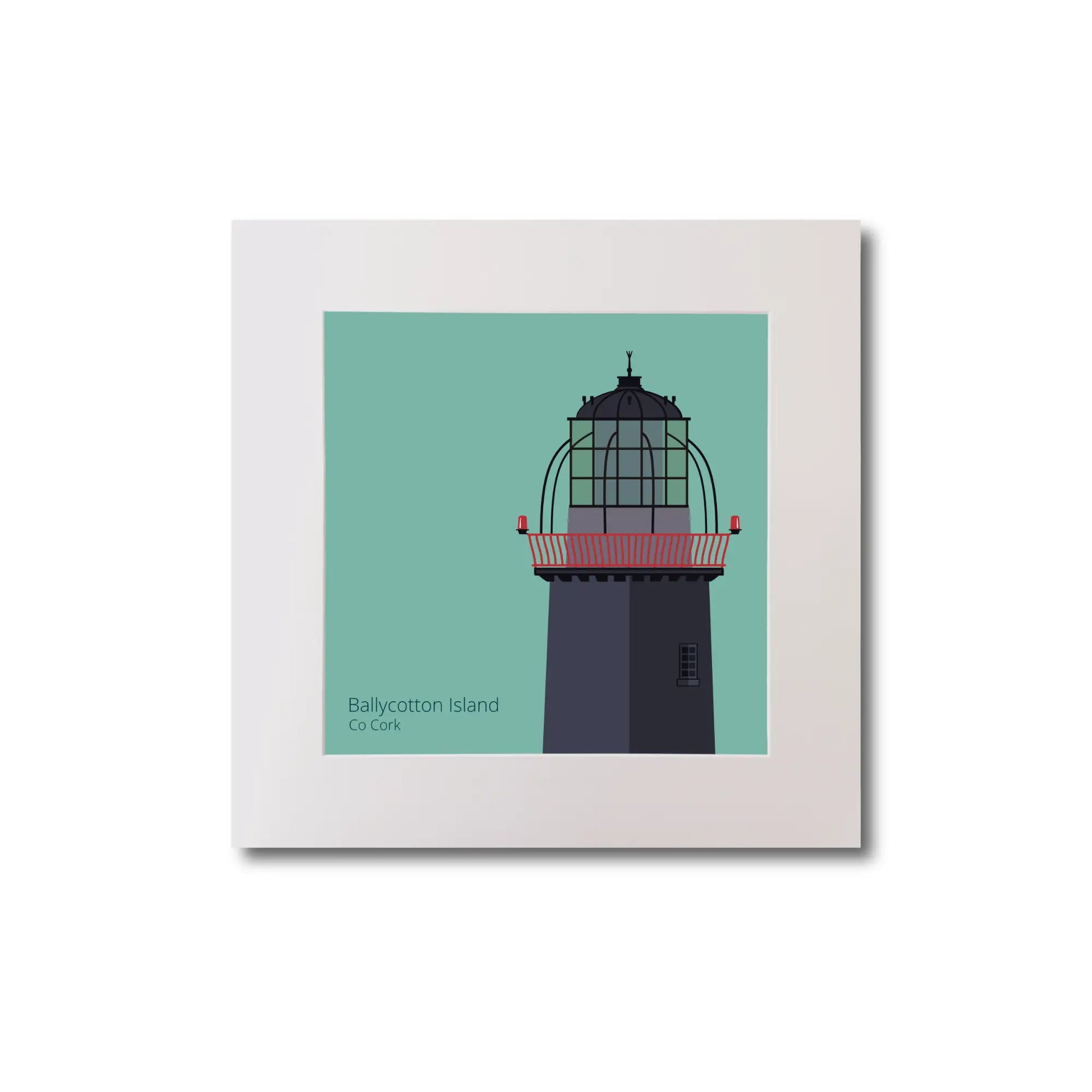 Illustration of Ballycotton lighthouse on an ocean green background, mounted and measuring 20x20cm.