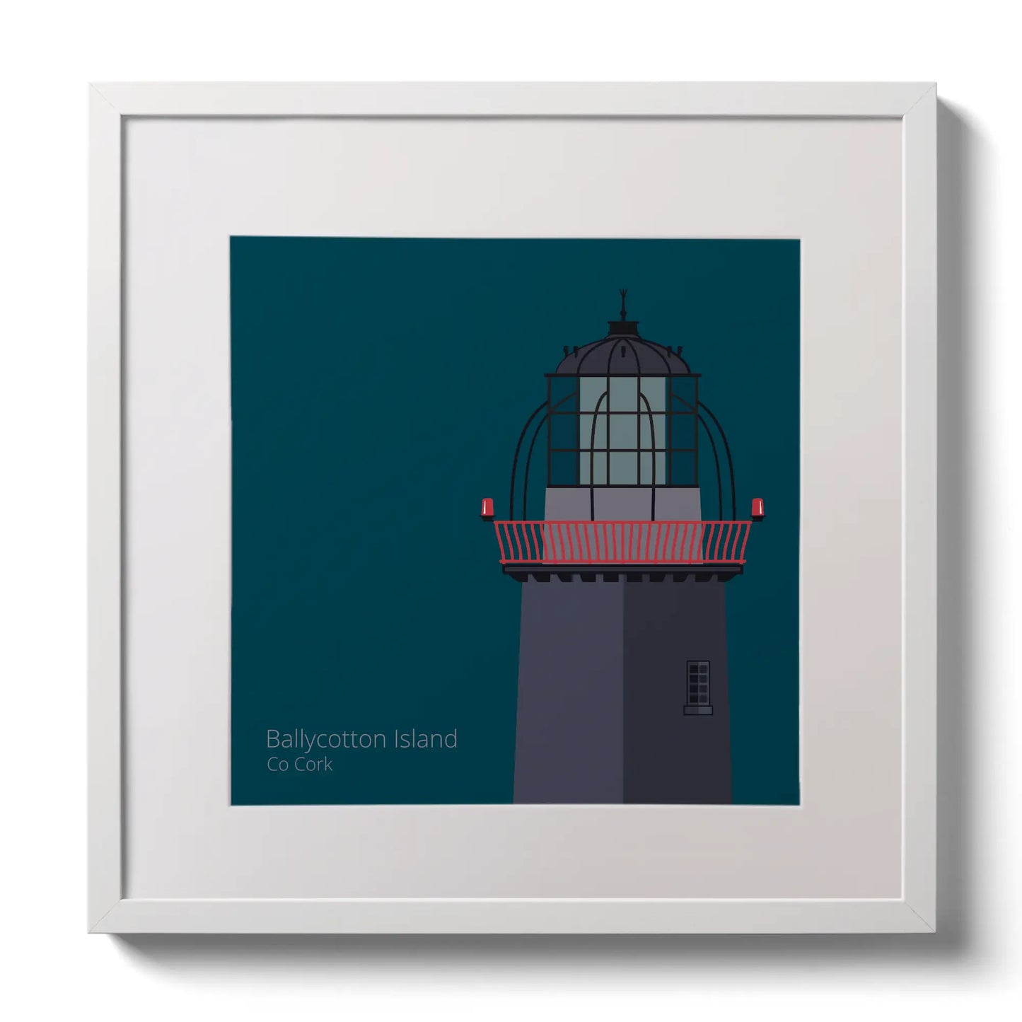 Illustration of Ballycotton lighthouse on a midnight blue background,  in a white square frame measuring 30x30cm.
