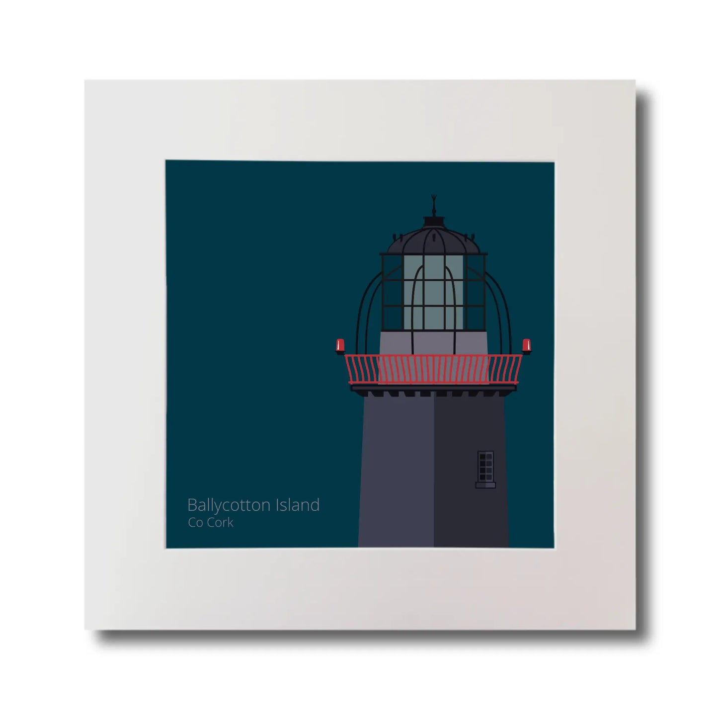 Illustration of Ballycotton lighthouse on a midnight blue background, mounted and measuring 30x30cm.