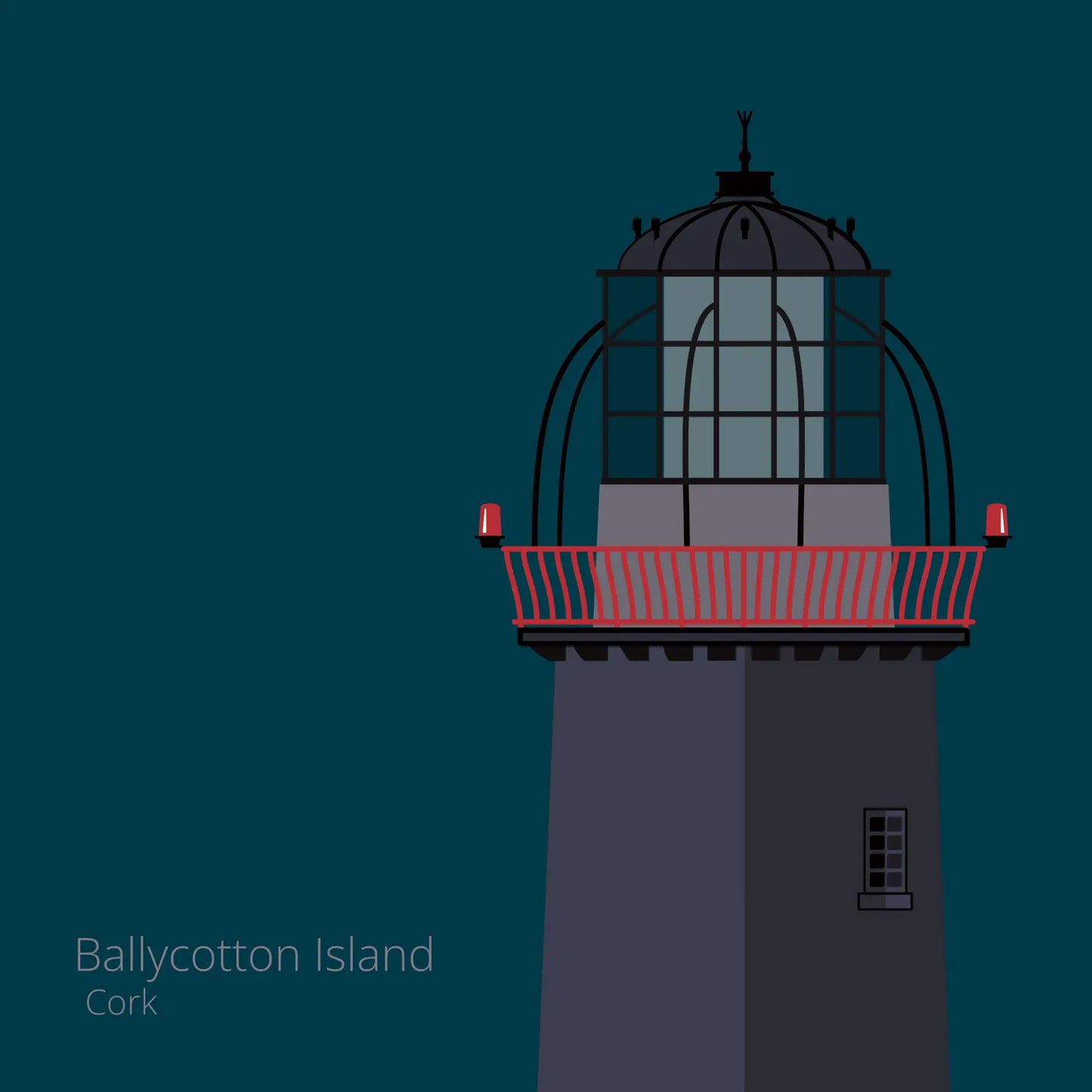 Illustration of Ballycotton lighthouse on a midnight blue background
