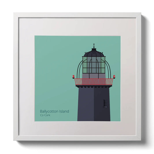 Illustration of Ballycotton lighthouse on an ocean green background,  in a white square frame measuring 30x30cm.