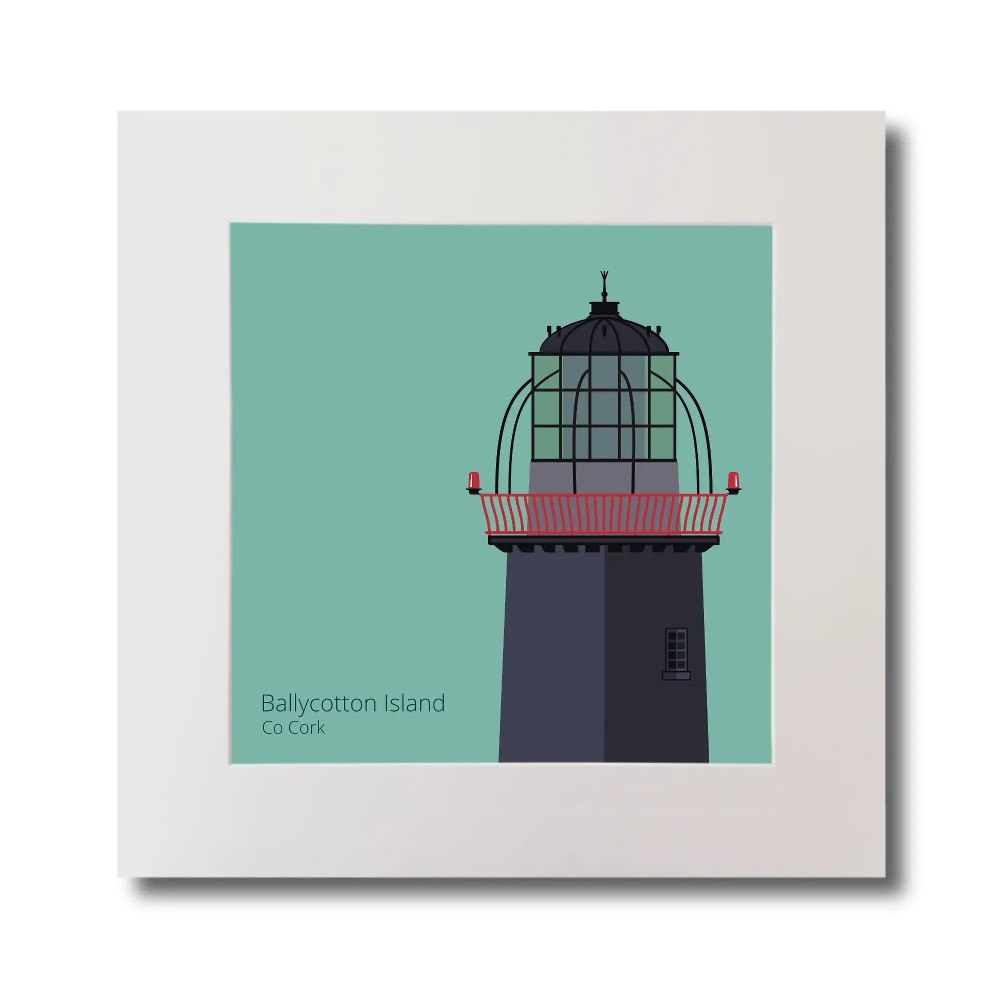 Illustration of Ballycotton lighthouse on an ocean green background, mounted and measuring 30x30cm.