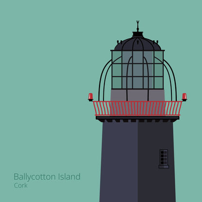 Illustration of Ballycotton lighthouse on an ocean green background
