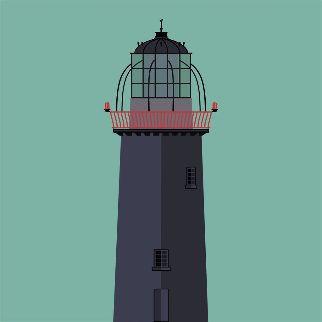 Illustration of Ballycotton lighthouse on a white background inside light blue square.