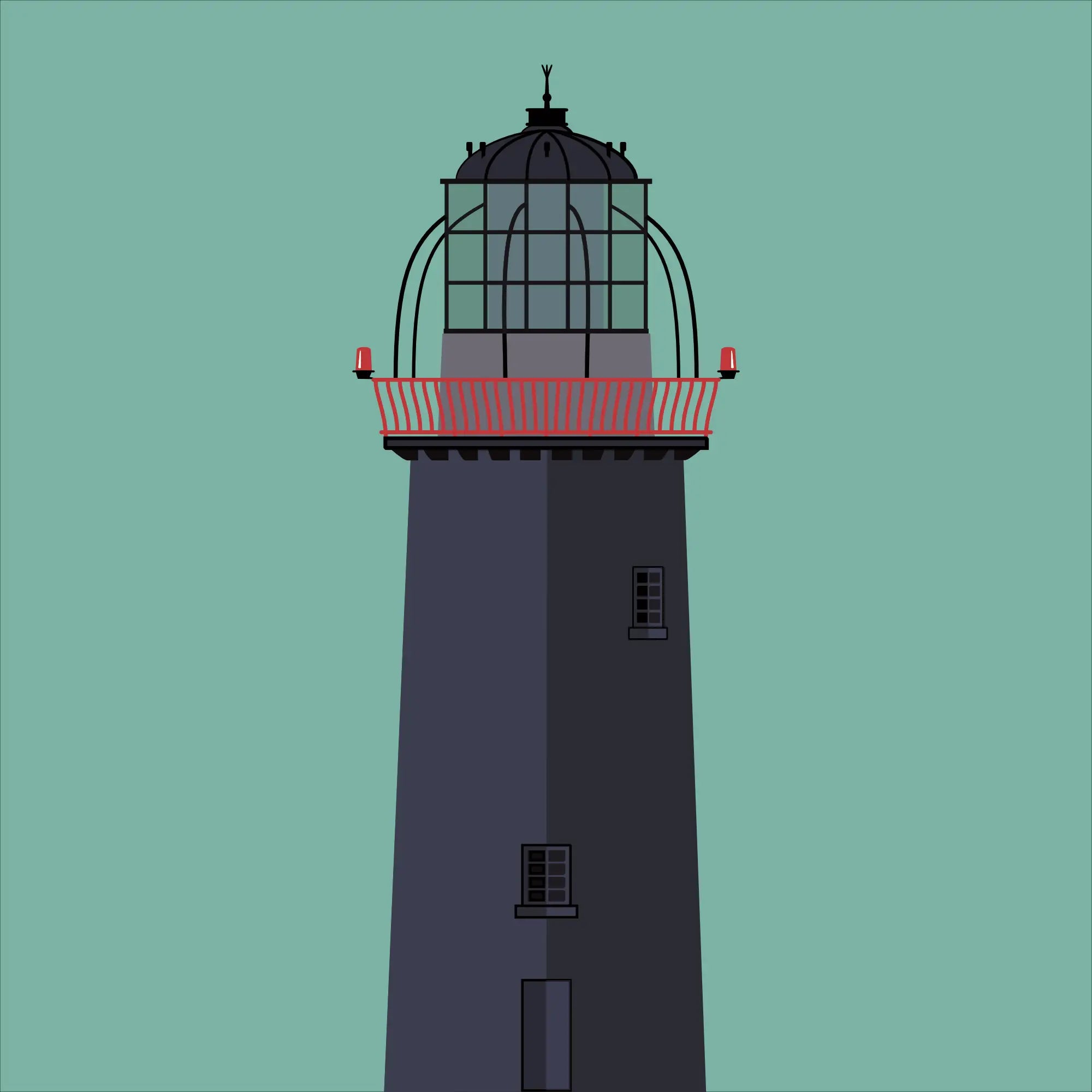 Illustration of Ballycotton lighthouse on a white background inside light blue square.
