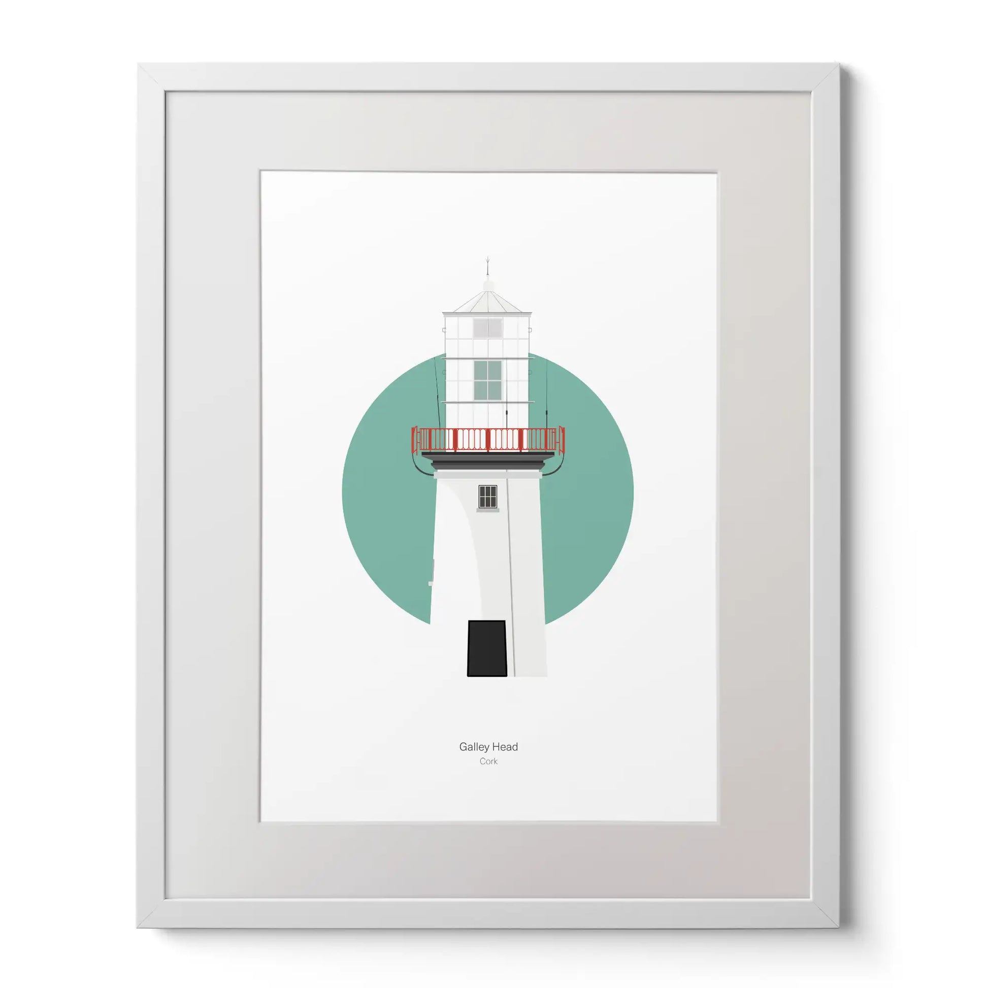 Illustration of Galley Head lighthouse on a white background inside light blue square,  in a white frame measuring 40x50cm.