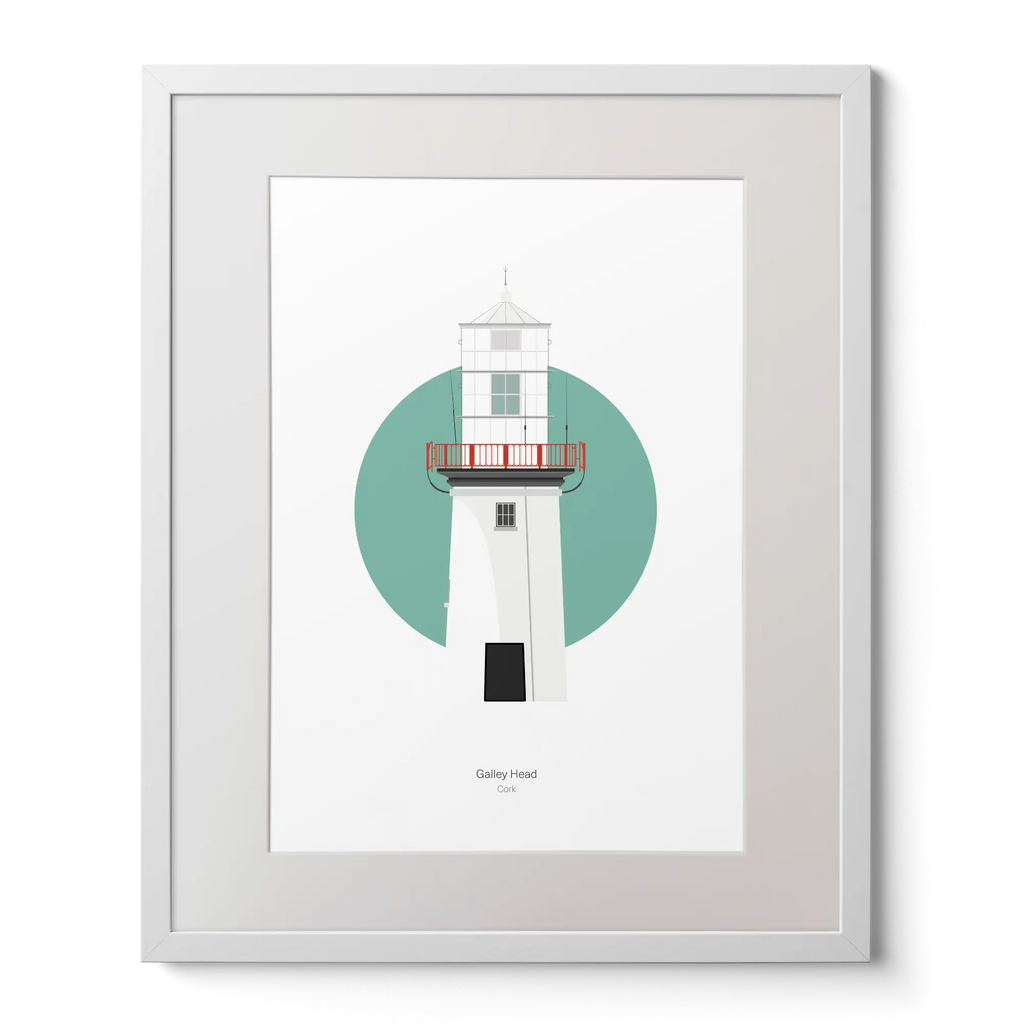 Illustration of Galley Head lighthouse on a white background inside light blue square,  in a white frame measuring 40x50cm.