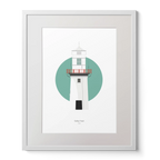 Illustration of Galley Head lighthouse on a white background inside light blue square,  in a white frame measuring 40x50cm.