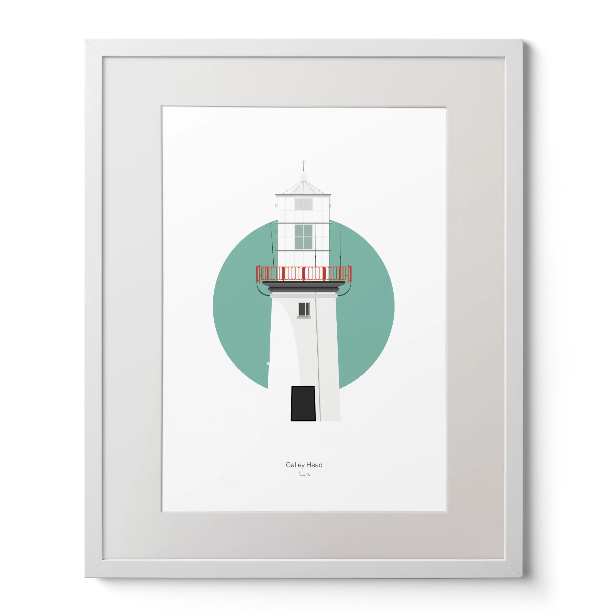 Illustration of Galley Head lighthouse on a white background inside light blue square,  in a white frame measuring 40x50cm.