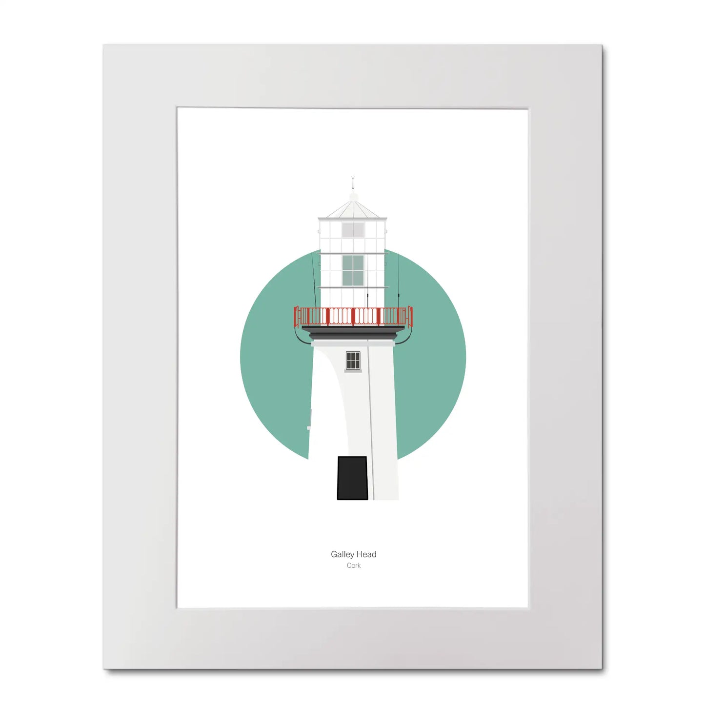 Illustration of Galley Head lighthouse on a white background inside light blue square, mounted and measuring 40x50cm.