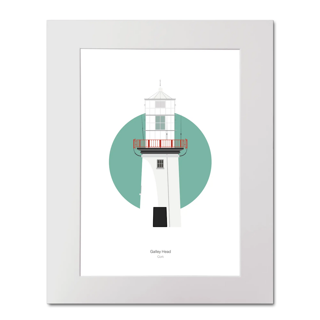 Illustration of Galley Head lighthouse on a white background inside light blue square, mounted and measuring 40x50cm.