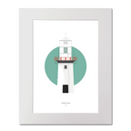 Illustration of Galley Head lighthouse on a white background inside light blue square, mounted and measuring 40x50cm.