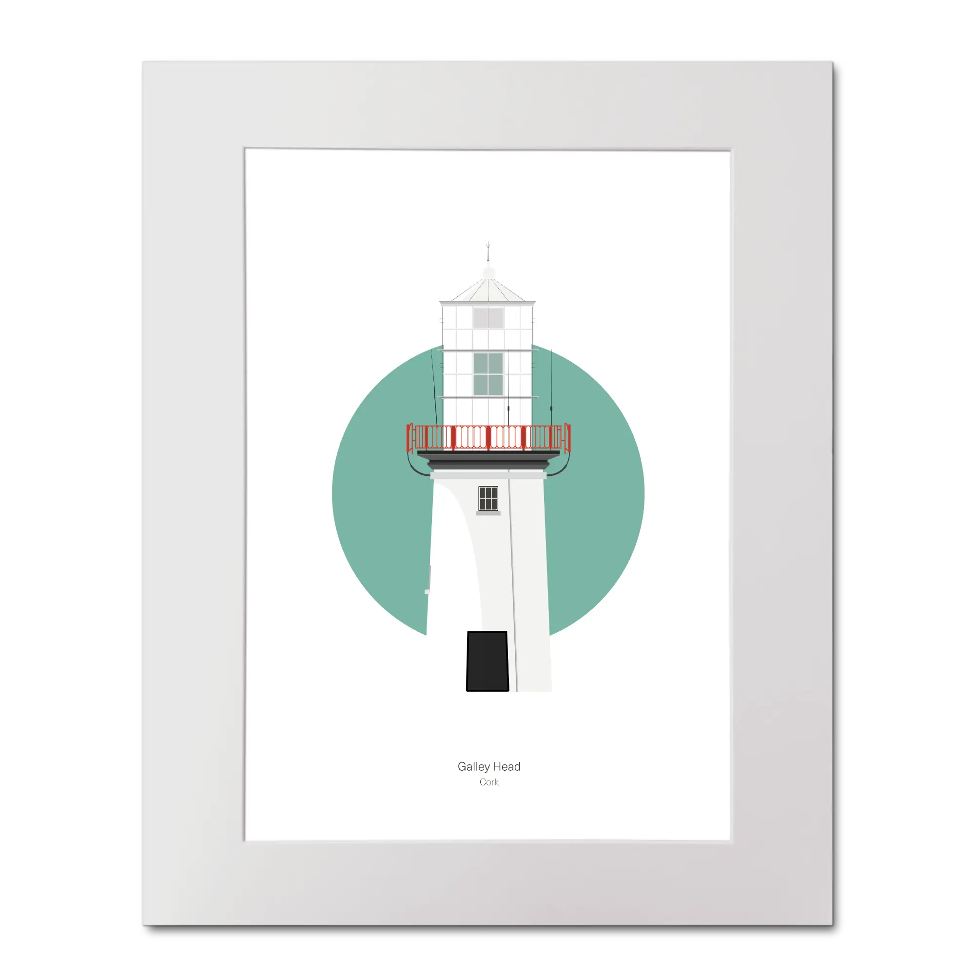 Illustration of Galley Head lighthouse on a white background inside light blue square, mounted and measuring 40x50cm.