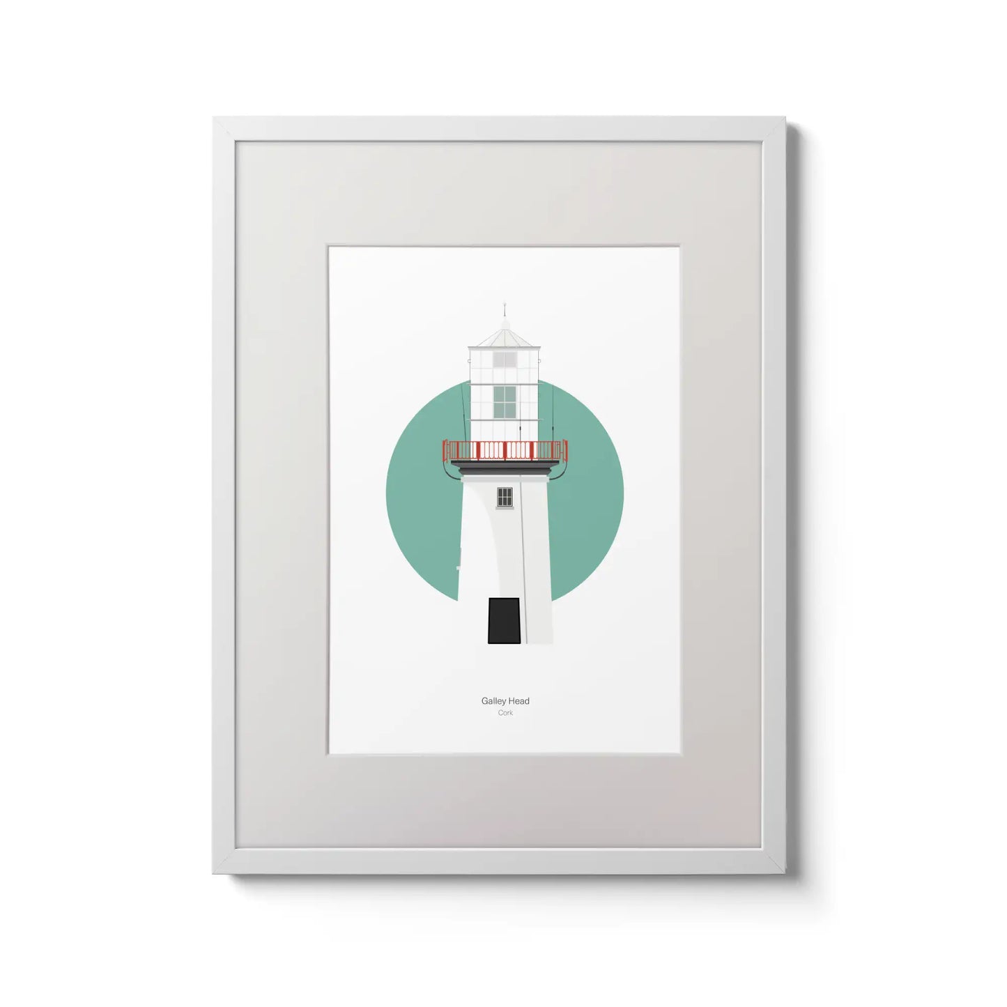 Illustration of Galley Head lighthouse on a white background inside light blue square,  in a white frame measuring 30x40cm.