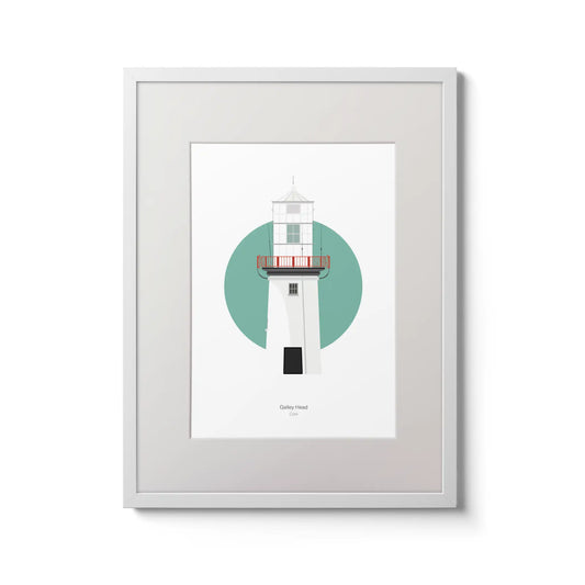 Illustration of Galley Head lighthouse on a white background inside light blue square,  in a white frame measuring 30x40cm.