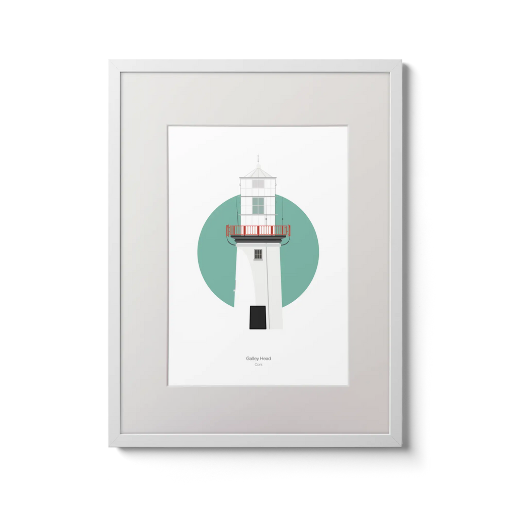 Illustration of Galley Head lighthouse on a white background inside light blue square,  in a white frame measuring 30x40cm.