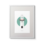 Illustration of Galley Head lighthouse on a white background inside light blue square,  in a white frame measuring 30x40cm.