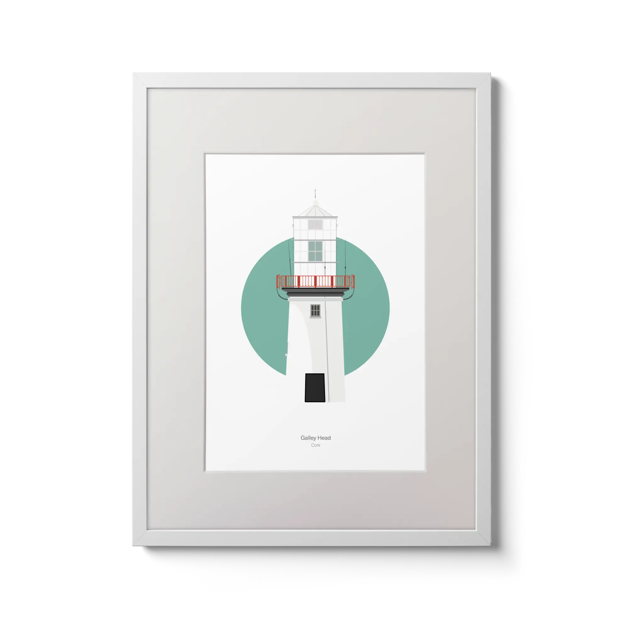 Illustration of Galley Head lighthouse on a white background inside light blue square,  in a white frame measuring 30x40cm.
