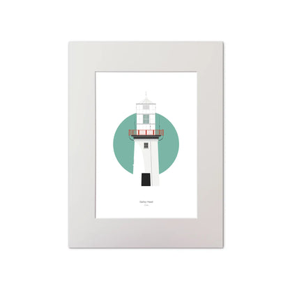 Illustration of Galley Head lighthouse on a white background inside light blue square, mounted and measuring 30x40cm.