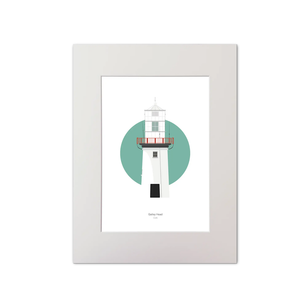 Illustration of Galley Head lighthouse on a white background inside light blue square, mounted and measuring 30x40cm.