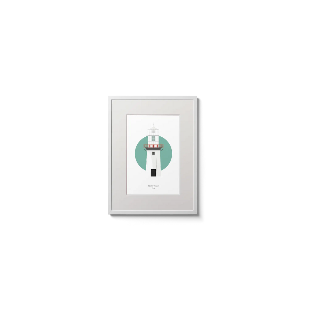 Illustration of Galley Head lighthouse on a white background inside light blue square,  in a white frame measuring 15x20cm.