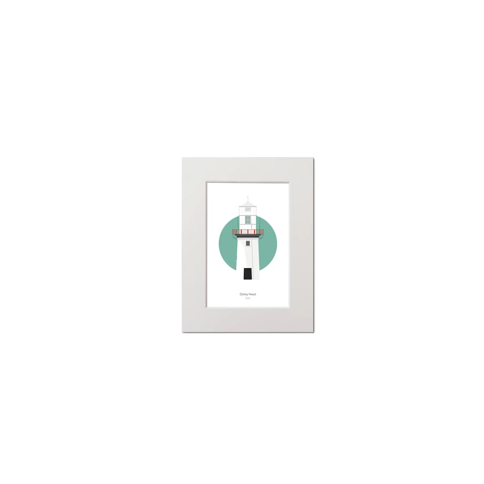 Illustration of Galley Head lighthouse on a white background inside light blue square, mounted and measuring 15x20cm.