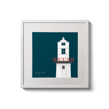 Illustration of Galley Head lighthouse on a midnight blue background,  in a white square frame measuring 20x20cm.