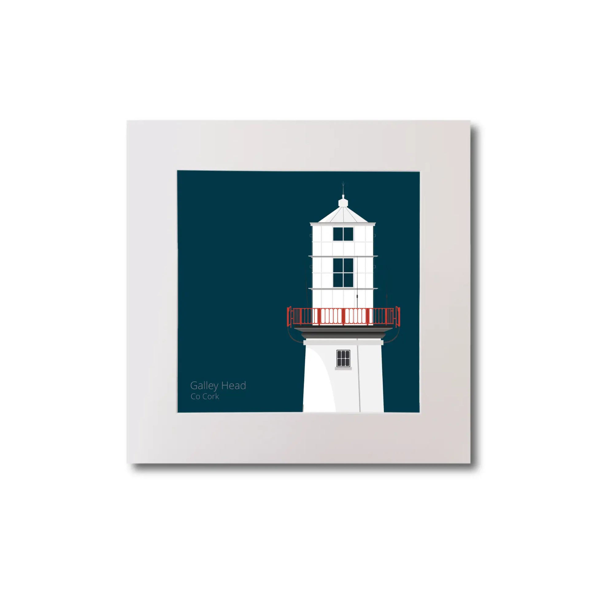 Illustration of Galley Head lighthouse on a midnight blue background, mounted and measuring 20x20cm.