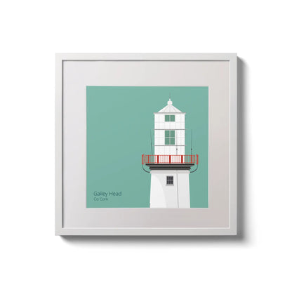 Illustration of Galley Head lighthouse on an ocean green background,  in a white square frame measuring 20x20cm.