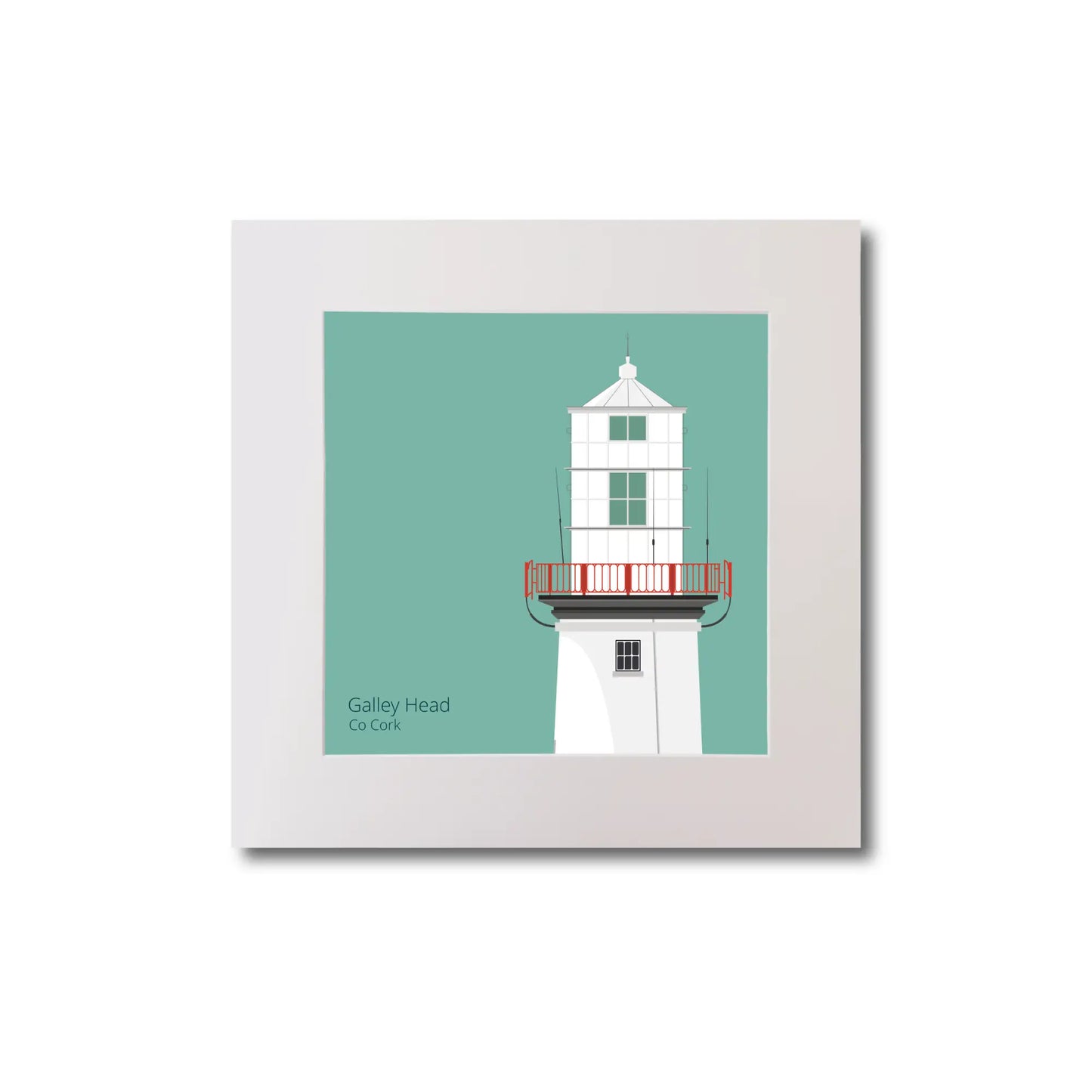 Illustration of Galley Head lighthouse on an ocean green background, mounted and measuring 20x20cm.